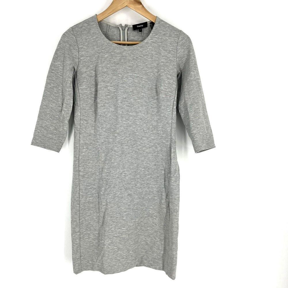 Theory Dress Size 2 Womens Gray 3/4 Sleeve Mini Shift K Fix Ponte Knit Stretch